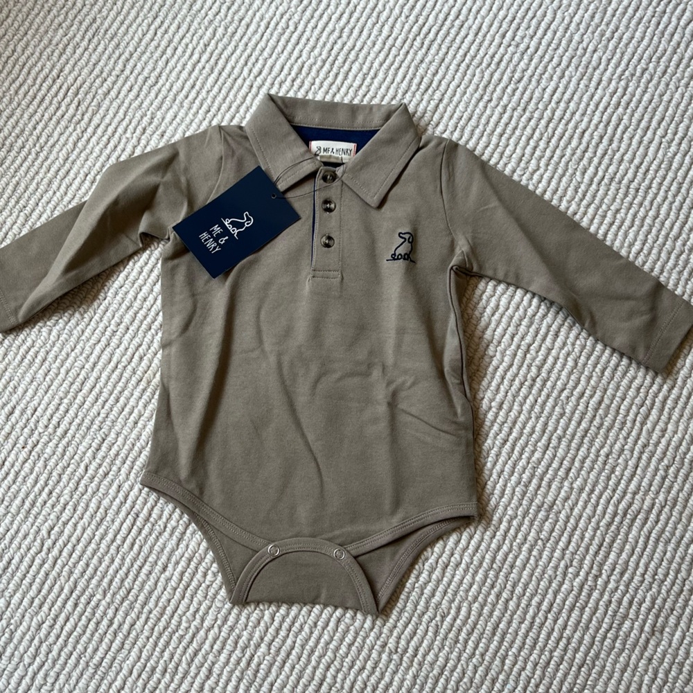 NWT Me & Henry boys “Seymour Polo Onesie” in khaki, size 12-18 month.